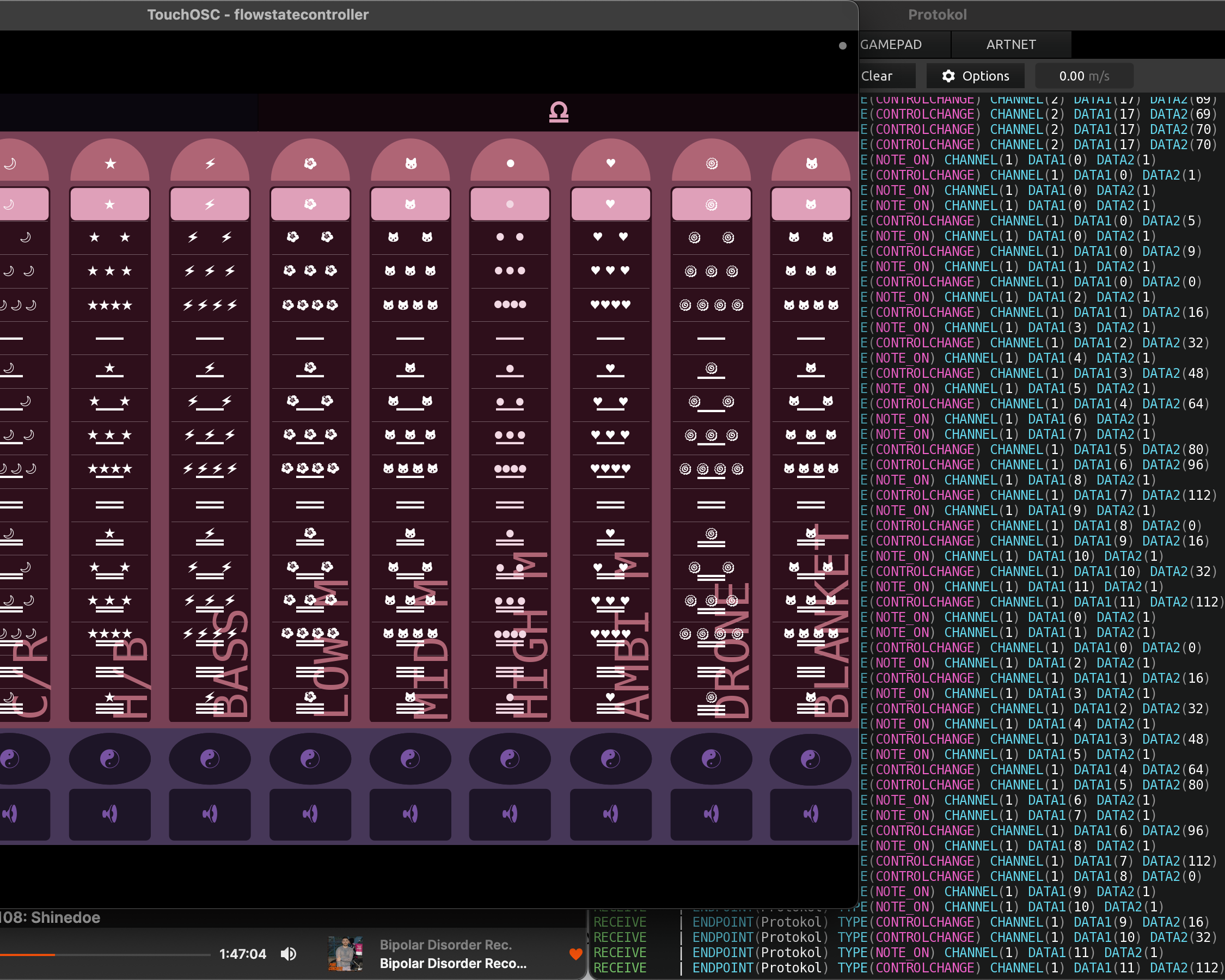 screenshot of an ipad running a midi controller interface consisting of several columns of buttons labelled with dots & dashes, arranged to form the mayan numeral system